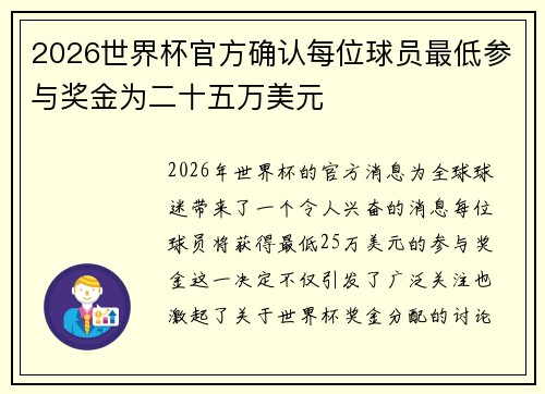 2026世界杯官方确认每位球员最低参与奖金为二十五万美元